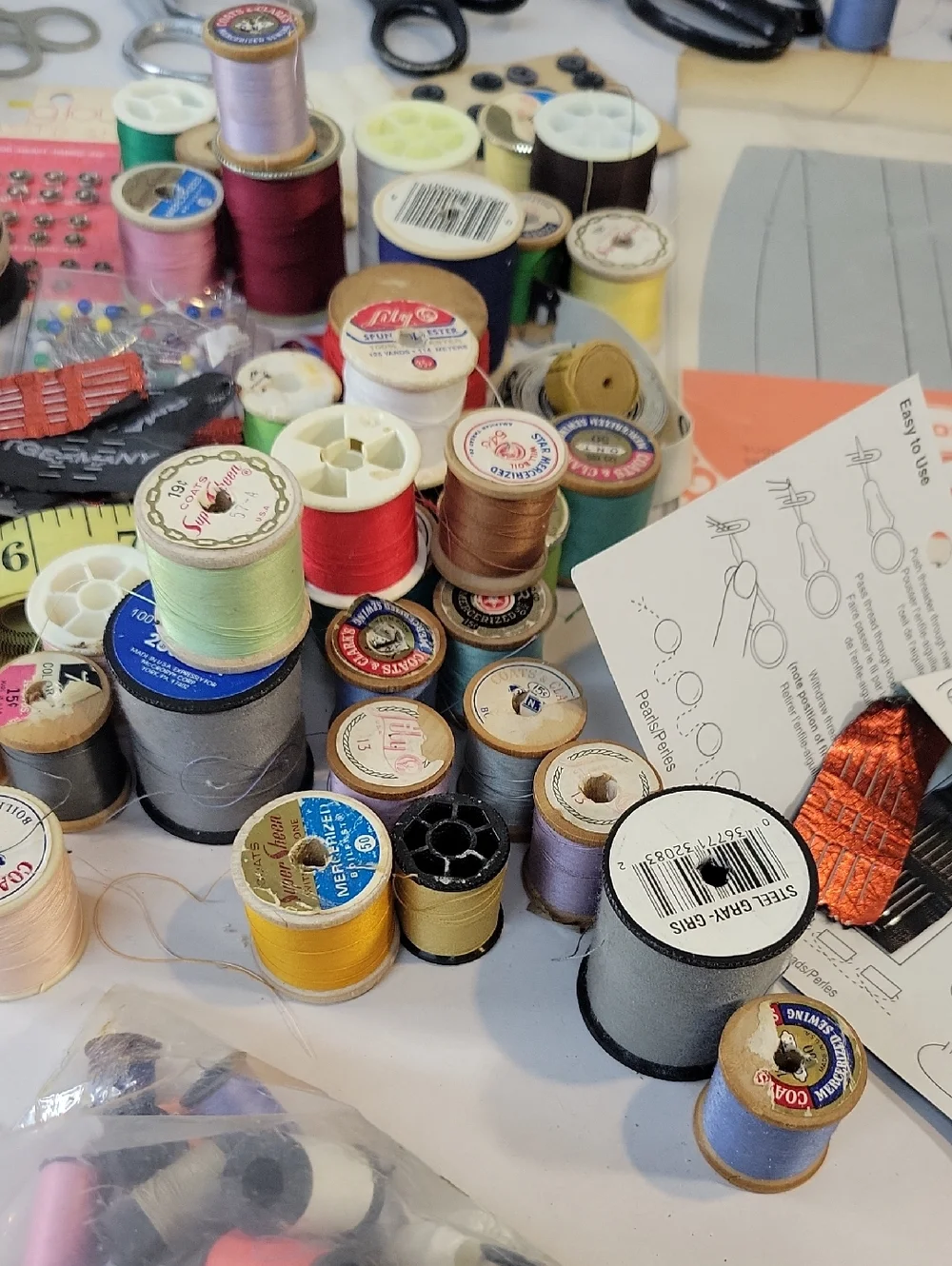Sewing Notions Lot with Thread Spools & Scissors - Multi